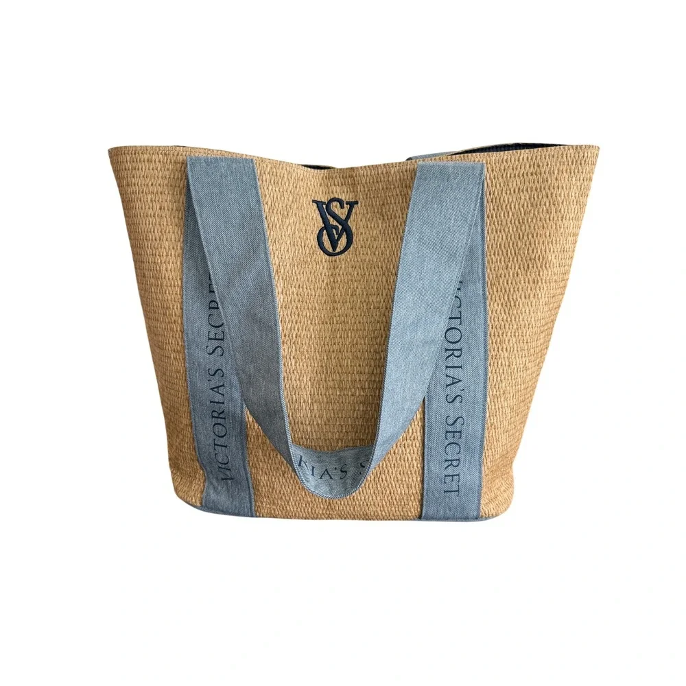 Victoria's Secret Paper Straw Tote Bag with Denim Logo Straps Lined Snap Closure